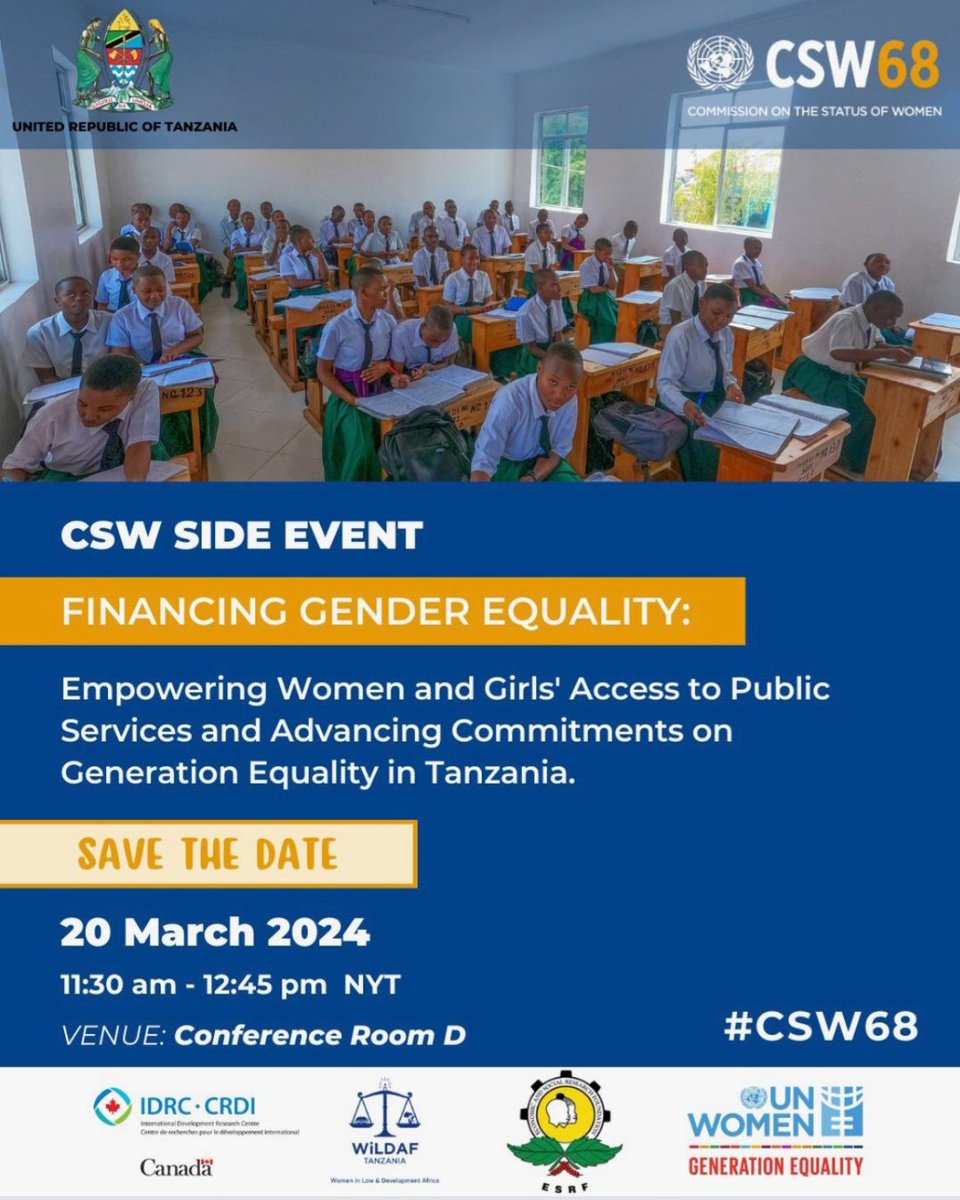Don’t miss today’s session, #NewYork CSW68 side event:
Empowering women and girls'access to public services and advancing commitments on generation equality in Tanzania.

#IWD2024 #InspireInclusion
#CSW68 
#S4HL #genderequality #WomensRights
#IWD2024 #InspireInclusion