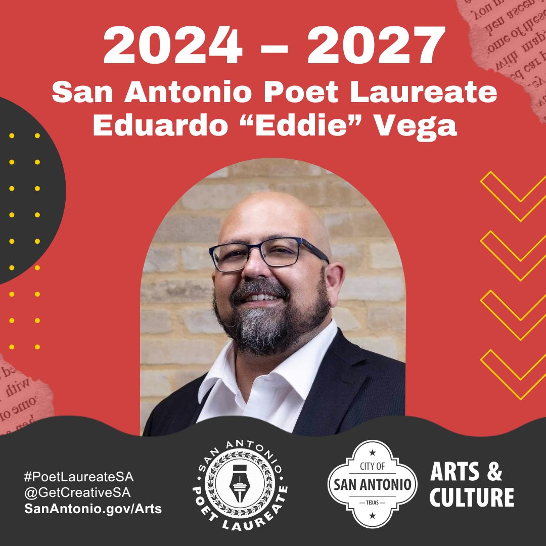 Meet San Antonio's newest Poet Laureate! (2024-2027) We are thrilled to announce Eduardo 'Eddie' Vega as the newest ambassador for the literary arts in our city. getcreativesanantonio.com/About-Us/Dept-… #GetCreativeSA #PoetLaureate #NPMSA2024 #NationalPoetryMonth @ElTacolico