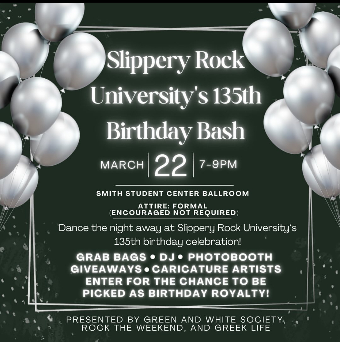 Slippery Rock University's Birthday Bash is this Friday from 7-9 pm in the SSC Ballroom! Don't miss out! 💃🪩