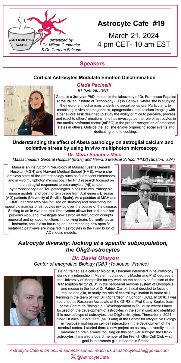 AstrocyteCafe (@astrocytecafe) on Twitter photo While we wait for the in-person conference, join us tomorrow at another great online session 🙌🤩
Looking forward to hearing the research by <a href="/PacinelliGiada/">Giada Pacinelli</a>, <a href="/mariv_sm/">Mari Sanchez-Mico</a> and <a href="/davidohay07/">David Ohayon</a> !!!
If you haven't subscribed to our mailing list, you can do it here eepurl.com/h2ECQv While we wait for the in-person conference, join us tomorrow at another great online session 🙌🤩
Looking forward to hearing the research by <a href="/PacinelliGiada/">Giada Pacinelli</a>, <a href="/mariv_sm/">Mari Sanchez-Mico</a> and <a href="/davidohay07/">David Ohayon</a> !!!
If you haven't subscribed to our mailing list, you can do it here eepurl.com/h2ECQv