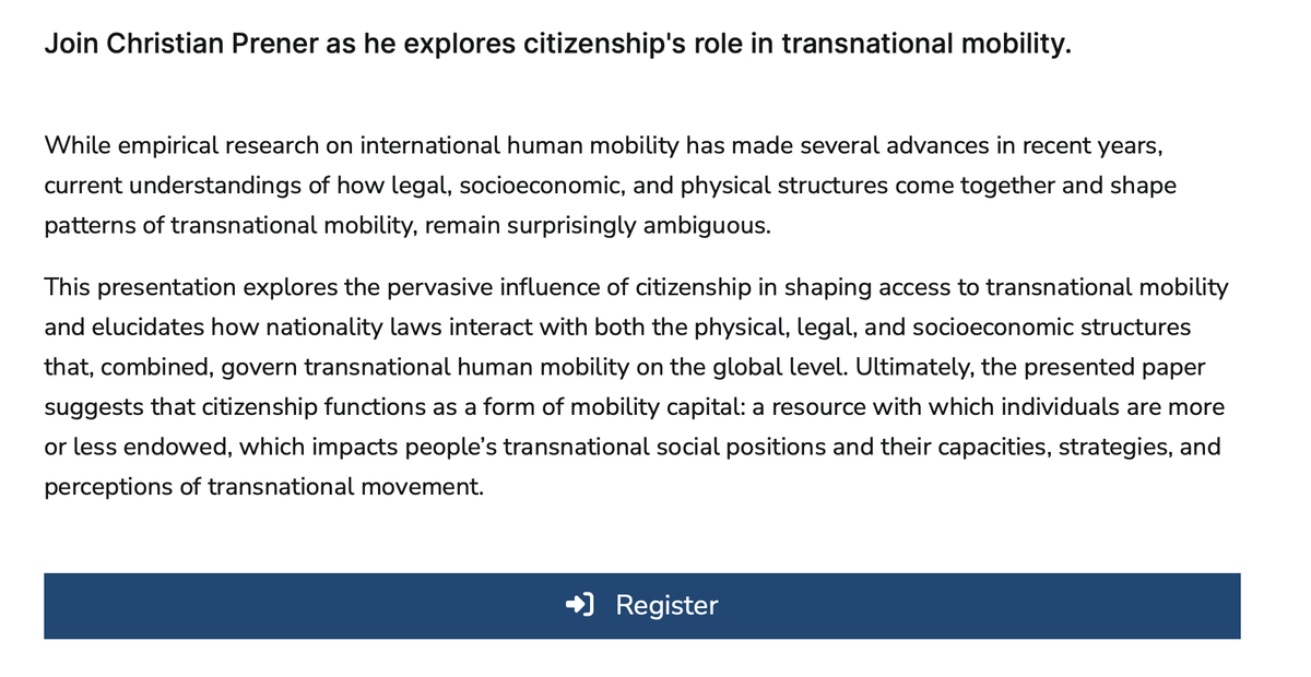 Looking forward to presenting my ongoing research on 'Citizenship as mobility capital' tomorrow at 12:00 at @GlobalCIT_EUI @EUI_Schuman. Join us if you're in Florence (on-site only)
