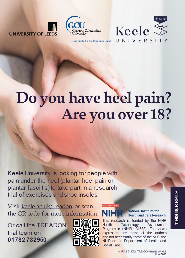 Pain under your heel? 18 or over? Take part in our trial. We’re testing exercises and shoe insoles to improve plantar heel pain. Visit keele.ac.uk/treadon for more information or call 01782 732950. #heelpain #plantarheelpain #plantarfasciitis