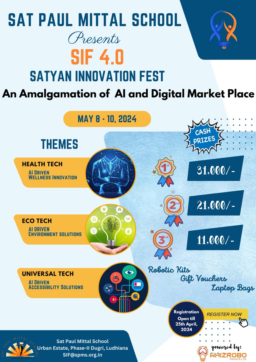 Sat Paul Mittal School Presents... An Innovative Platform An Enriching Experience Satyan Innovation Fest ~ SIF 4.0 An Amalgamation of Artificial Intelligence and Digital Market Place From May 8 -10, 2024 Register here : satpaulmittalschool.org/web/SIF.aspx