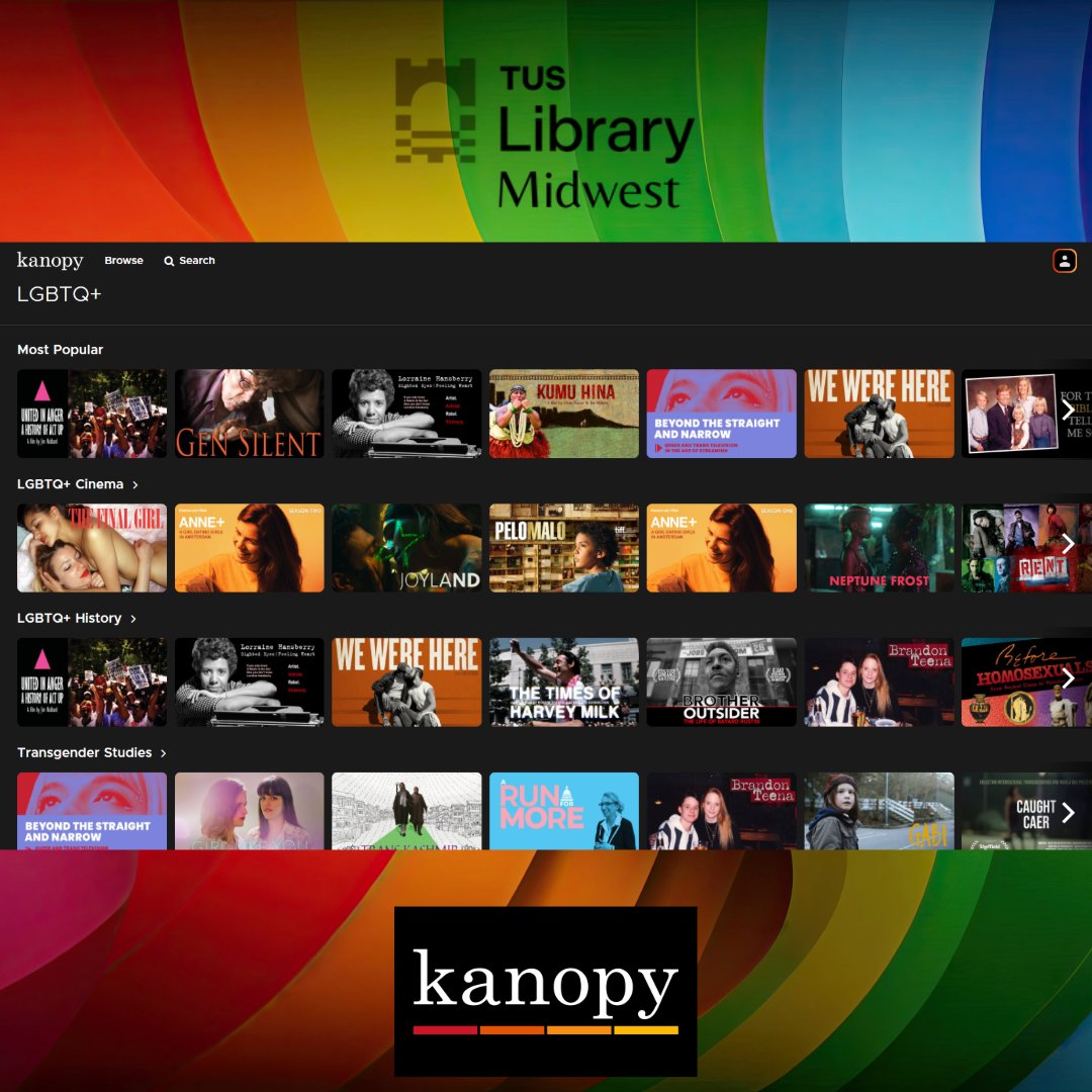 It's day 2 of TUS Pride Week and we would like to highlight our video streaming service @Kanopy which has a great selection of LGBTQ+ titles, as well as thousands of other films, series and documentaries 🎬 Visit: kanopy.com/en/tus #tuslibrary #pride🌈 #kanopy #prideweek🌈