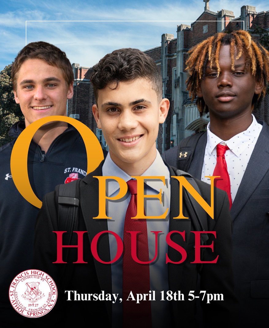 Spring Open House, Thursday, April 18th, 5-7pm. Your four years of high school are the most important years of your life. We believe each student's story deserves a remarkable next chapter. Why not make St. Francis that next chapter? bit.ly/4aECZur