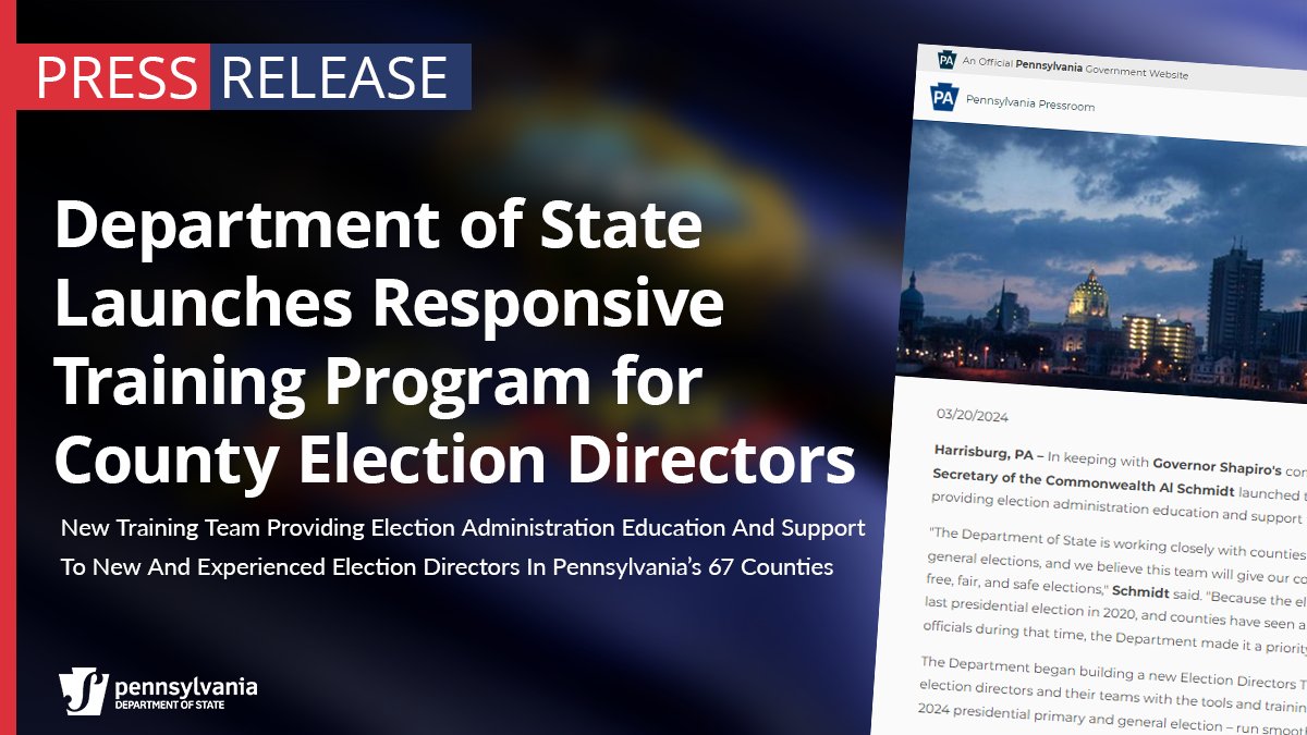 In keeping with @GovernorShapiro's commitment to ensure safe and secure elections in Pennsylvania, Secretary Schmidt launched the Department of State's new Election Directors Training Team, providing election administration education and support to Pennsylvania's county election…