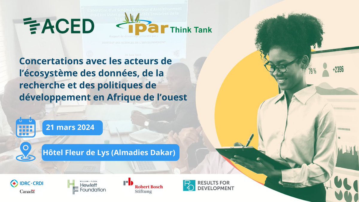 #SaveTheDate Concertations avec les acteurs de l’écosystème des données, de la recherche et des politiques de développement en Afrique de l’ouest La concertation de Dakar aura lieu, le jeudi 21 mars 2024 à l’hôtel Fleur de Lys des Almadies. ipar.sn/Dans-le-cadre-…