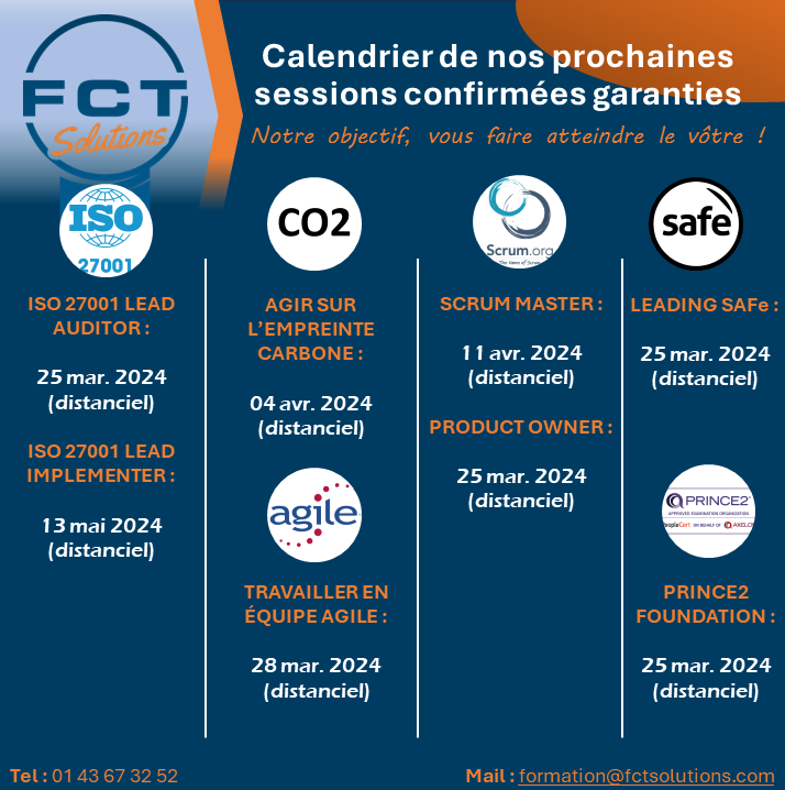 FctSolutionsFR's tweet photo. Nous vous l’avions promis, voici le calendrier 🗓️ des prochaines sessions confirmées et garanties maintenues chez FCT Solutions :   #FCTSolutions #Formation #Calendrier #Certification #ITIL #Agile https://t.co/4R34vUT5pa