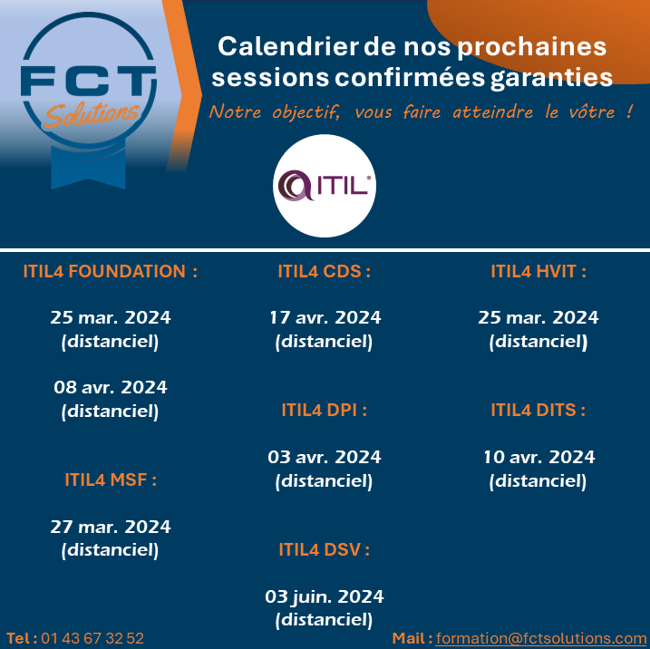 FctSolutionsFR's tweet photo. Nous vous l’avions promis, voici le calendrier 🗓️ des prochaines sessions confirmées et garanties maintenues chez FCT Solutions :   #FCTSolutions #Formation #Calendrier #Certification #ITIL #Agile https://t.co/4R34vUT5pa