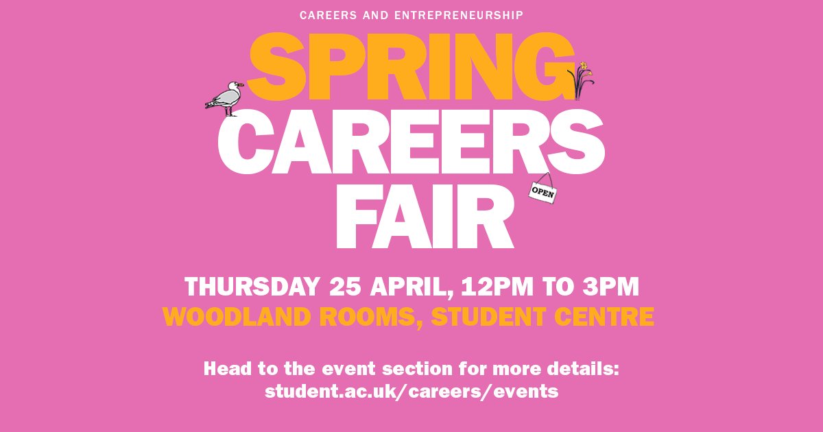 Don’t miss the Spring Careers Fair this Thursday 25 April! Meet with employers who are offering hundreds of opportunities including graduate jobs, volunteering, placements and further study opportunities. Find out more and book on Ticket Tailor: buytickets.at/universityofsu…