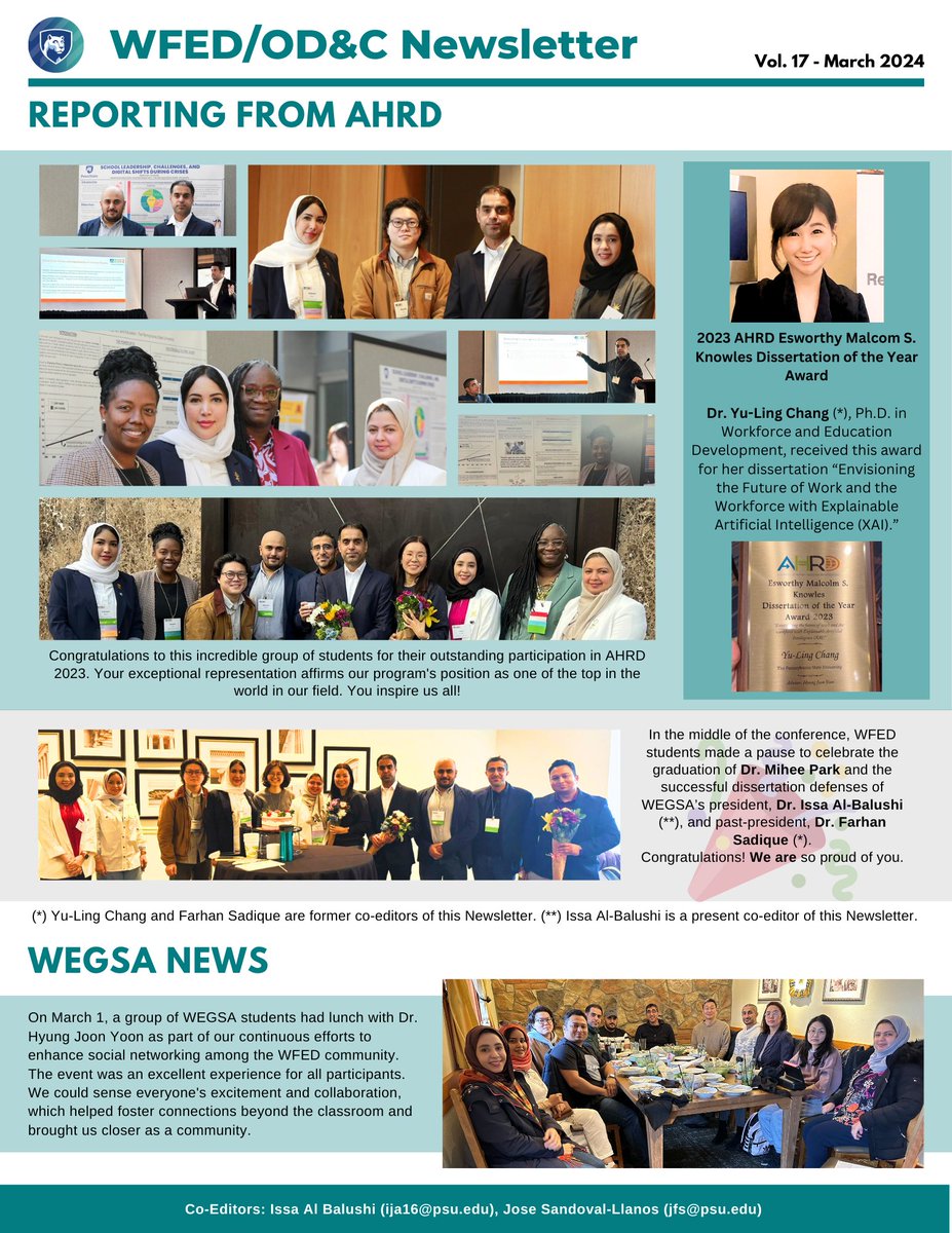 psuwfedodc's tweet image. Our most recent newsletter is out, featuring Dr. William Rothwell, our students amazing participation on #AHRD2024, the upcoming webinar with Dr. David Jamieson, and more!

Visit our website for this and more content! 

ed.psu.edu/academics/depa…

@PSU_CollegeOfEd @PSUWorldCampus
