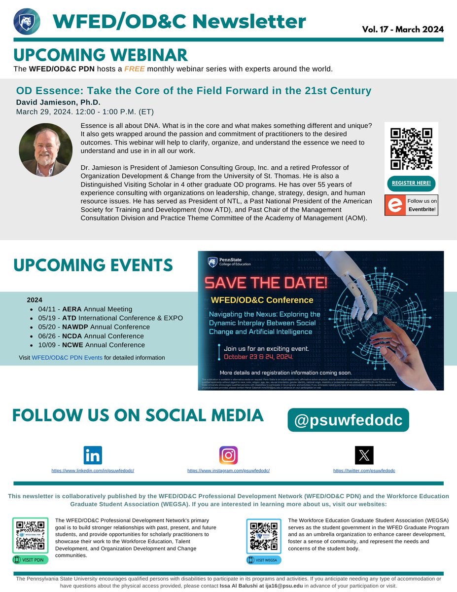 psuwfedodc's tweet image. Our most recent newsletter is out, featuring Dr. William Rothwell, our students amazing participation on #AHRD2024, the upcoming webinar with Dr. David Jamieson, and more!

Visit our website for this and more content! 

ed.psu.edu/academics/depa…

@PSU_CollegeOfEd @PSUWorldCampus