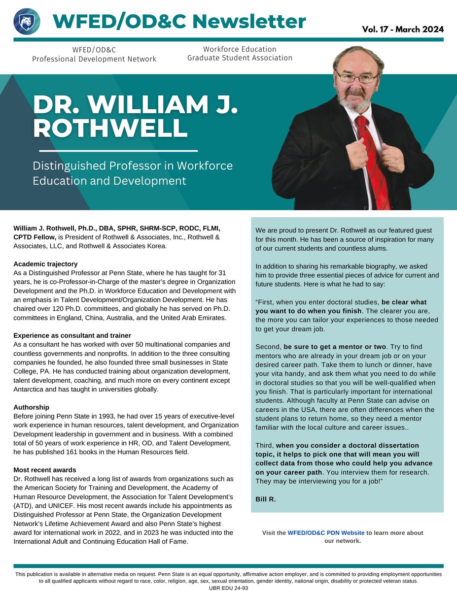 psuwfedodc's tweet image. Our most recent newsletter is out, featuring Dr. William Rothwell, our students amazing participation on #AHRD2024, the upcoming webinar with Dr. David Jamieson, and more!

Visit our website for this and more content! 

ed.psu.edu/academics/depa…

@PSU_CollegeOfEd @PSUWorldCampus