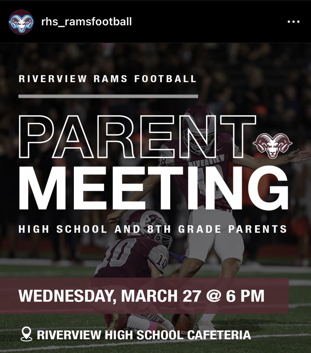 Reminder We Are One Week Away From Our Parent Meeting For All HS and Incoming 8th Grade Parents!! Meeting Will Be Next Wednesday @ 6PM In The Riverview HS Cafeteria We Look Forward To Seeing Everyone There 🐏 #TheView #WeBleedMaroon <a href="/CoachSmithers33/">Joshua Smithers</a> <a href="/BrodyWiseman/">Brody Wiseman</a>