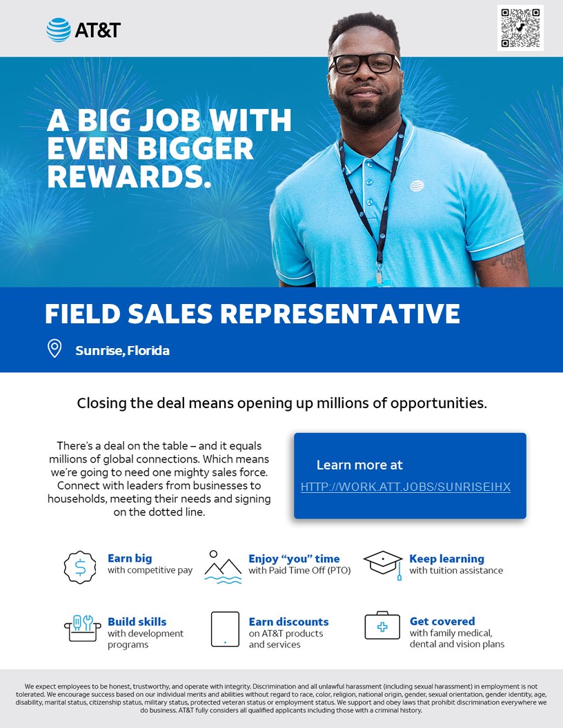 AT&amp;T is #hiring Field Sales Reps throughout Sunrise, FL! Are you reliable? Love sales &amp; helping customers? If so, then you’re our kind of people!
Click 👉work.att.jobs/SunriseIHX👈
#LifeAtATT #ConsumerSales #FieldSales #IHX