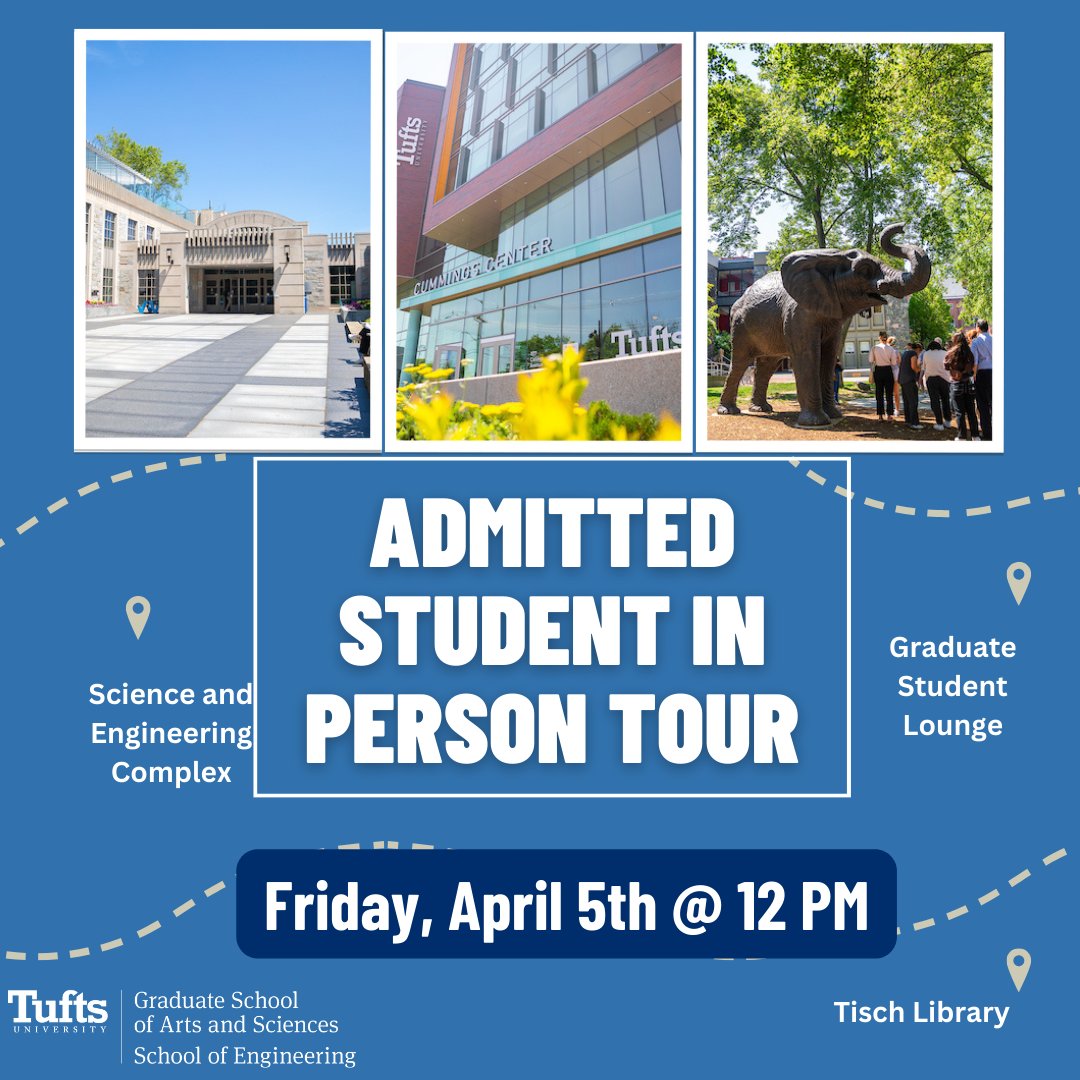 Can't join us for our Admitted Student tour today? Schedule your on-campus visit for Friday, April 5th. Register to join us: gradase.admissions.tufts.edu/register/Campu… #tour #campus #gradschool #gradstudent #tufts #phd #masters #academia #graduateschool #graduatestudent #phdstudent #studentlife