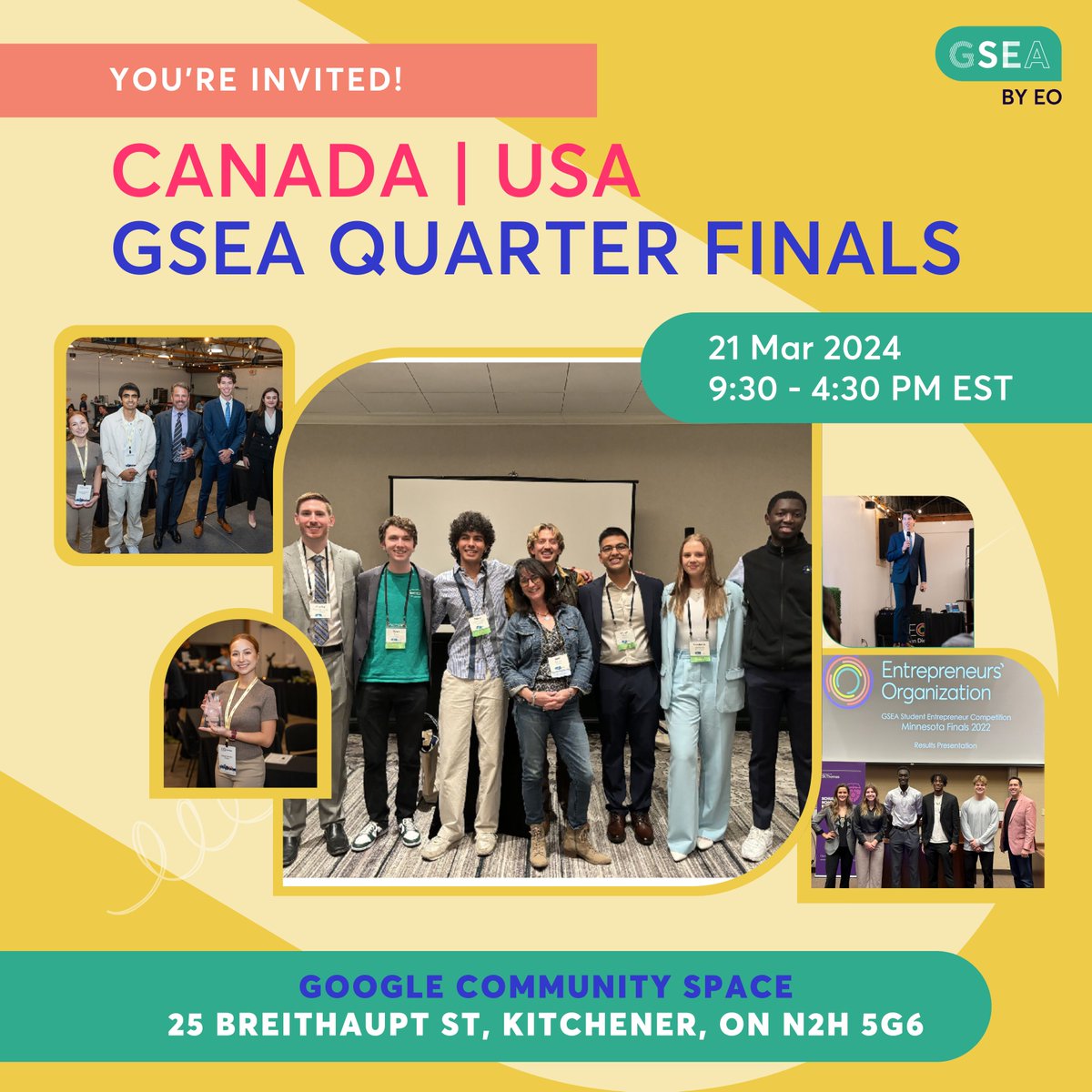 Are you ready?! All eyes turn to Kitchener as the US and Canada GSEA competitions take center stage! With a distinguished panel of judges, including members of @entrepreneursorg, this promises to be an event filled with inspiration and excitement! ✨ #EO #GSEA #GSEA2024