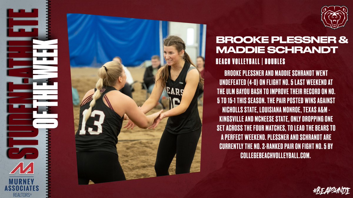 The MSU Athletics Student-Athletes of the Week presented by Murney Associates, Realtors are Brooke Plessner and Maddie Schrandt! 🐻 

#BearsUnite | @mostatebeach