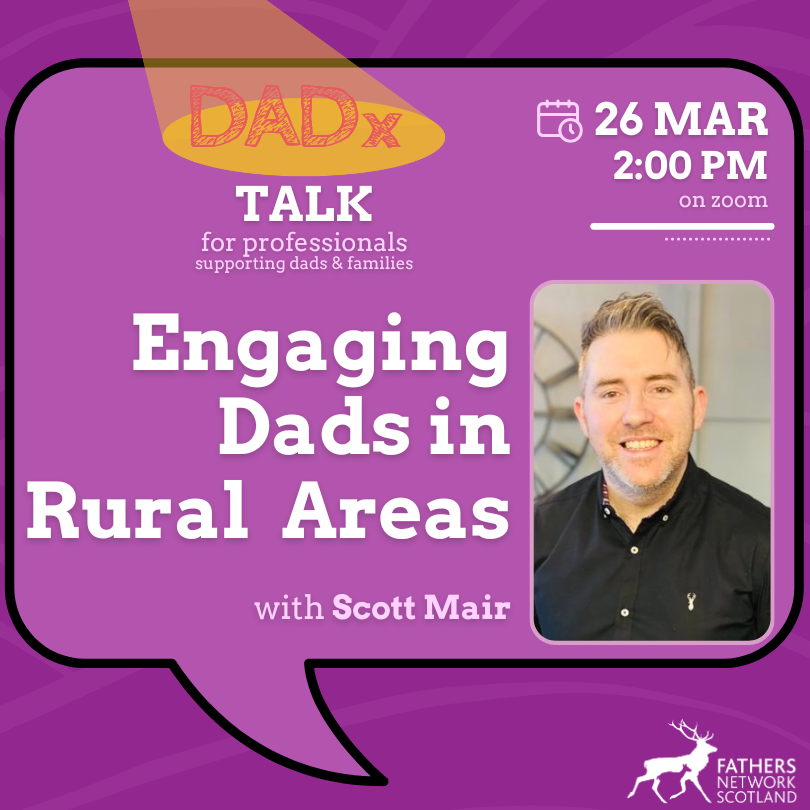 📢 Engaging Dads in Rural Areas (with @ScottMair9) 🖥️ In this DADx Talk we're focusing on the need to engage rural fathers and discussing findings from our pilot sessions where we worked with NHS Highlands to support new dads! 📅 Tue 26th 🕒 2PM-3PM ➡️ us02web.zoom.us/meeting/regist…