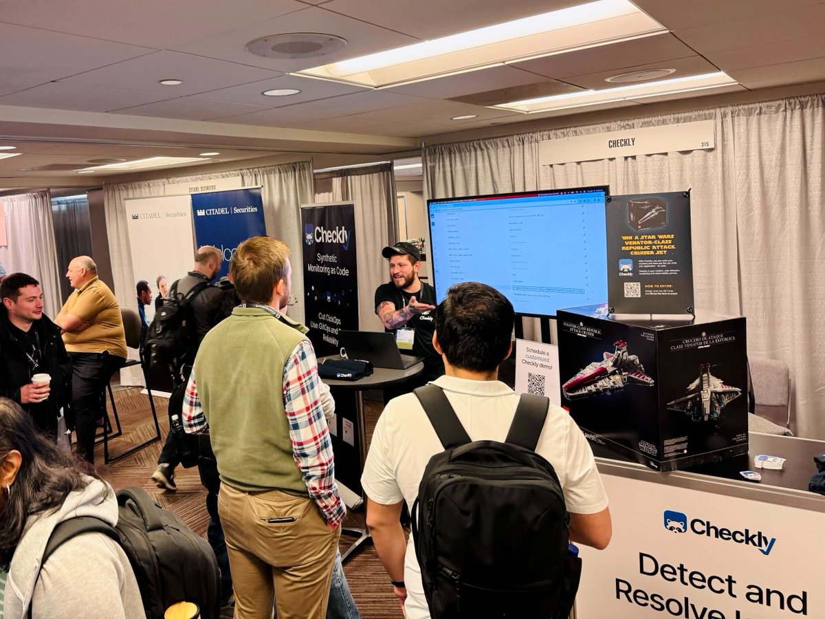 checklyHQ's tweet photo. We are enjoying #SRECon and the excitement and buzz around Checkly’s synthetic monitoring. Be sure to stop by for t-shirts and stickers, enter for a chance to win a massive Lego, and discuss all things modern monitoring. 🤩
#sredevops #sres #checkly #monitoring #giveawayalert https://t.co/xwSYv0oUQW