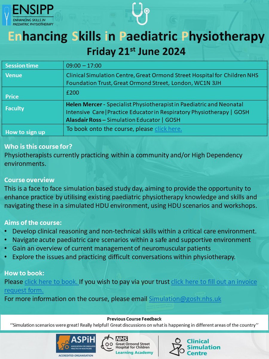 “Simulation scenarios were great! Really helpful! Great discussions on what is happening in different areas of the country’’ Join the ENSIPP Course on 21.06.24 @ GOSH. To sign up or for more info, click here: tinyurl.com/ENSIPPJUNE