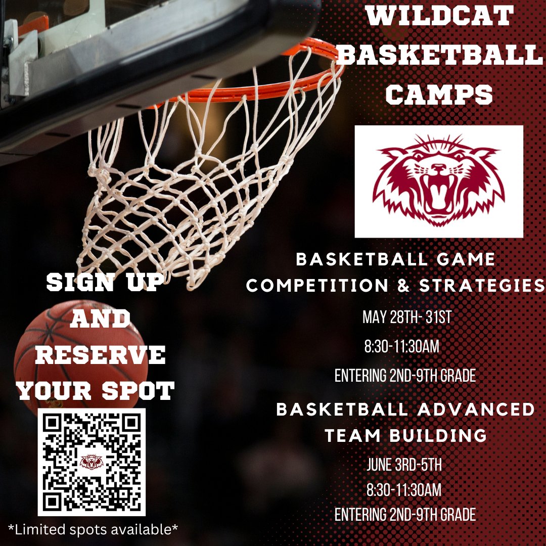 Registration is now open for our summer basketball camps. Just shoot the QR code and it will take you to the registration site. Coach Christian and his staff and former players will be running this fun and exciting camp.