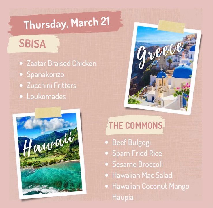 Come join us for the last part of World Cuisine Week! 🌎 Travel to Vietnam, Canada, Greece and the Hawaiian Islands at Sbisa and Commons Dining Hall! #tamu #aggies #aggiedining