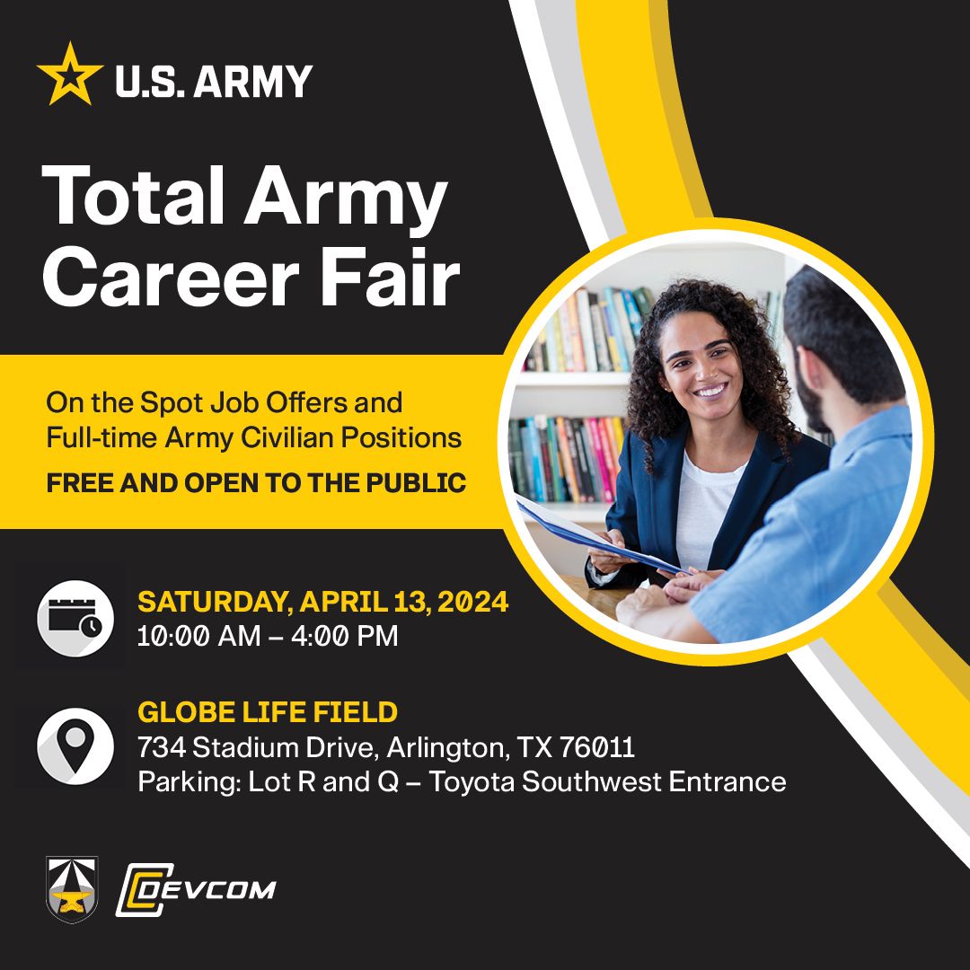 SAVE THE DATE: Total Army Career Fair: April 13 at Globe Life Field in Arlington, Texas. Pre-register here: jotform.com/form/240633444… #BeAllYouCanBe #ArmySTEM