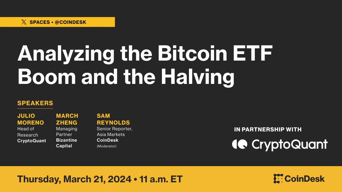 CoinDesk's tweet photo. No one can say for certain how the #Bitcoin halving will affect the price.

Join @cryptoquant_com's @jjcmoreno and @BizCapMngt's @MarchZheng and CoinDesk's @thesamreynolds on Thursday at 11 a.m. ET to analyze what we do know to expect.

Set a reminder: https://t.co/qDqXN9rvGs https://t.co/CIlPpzJc13