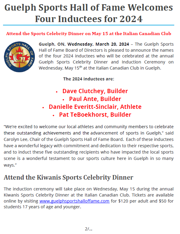 GuelphSportsHOF's tweet photo. The 2024 Induction Class for the Guelph Sports Hall of Fame has been announced:  David Clutchey, Paul Ante, Danielle Everitt-Sinclair and Pat TeBoekhorst are this years inductees.  Dinner Wed. May 17th at ICC in Guelph. https://t.co/zUZnBDQ5Nr
