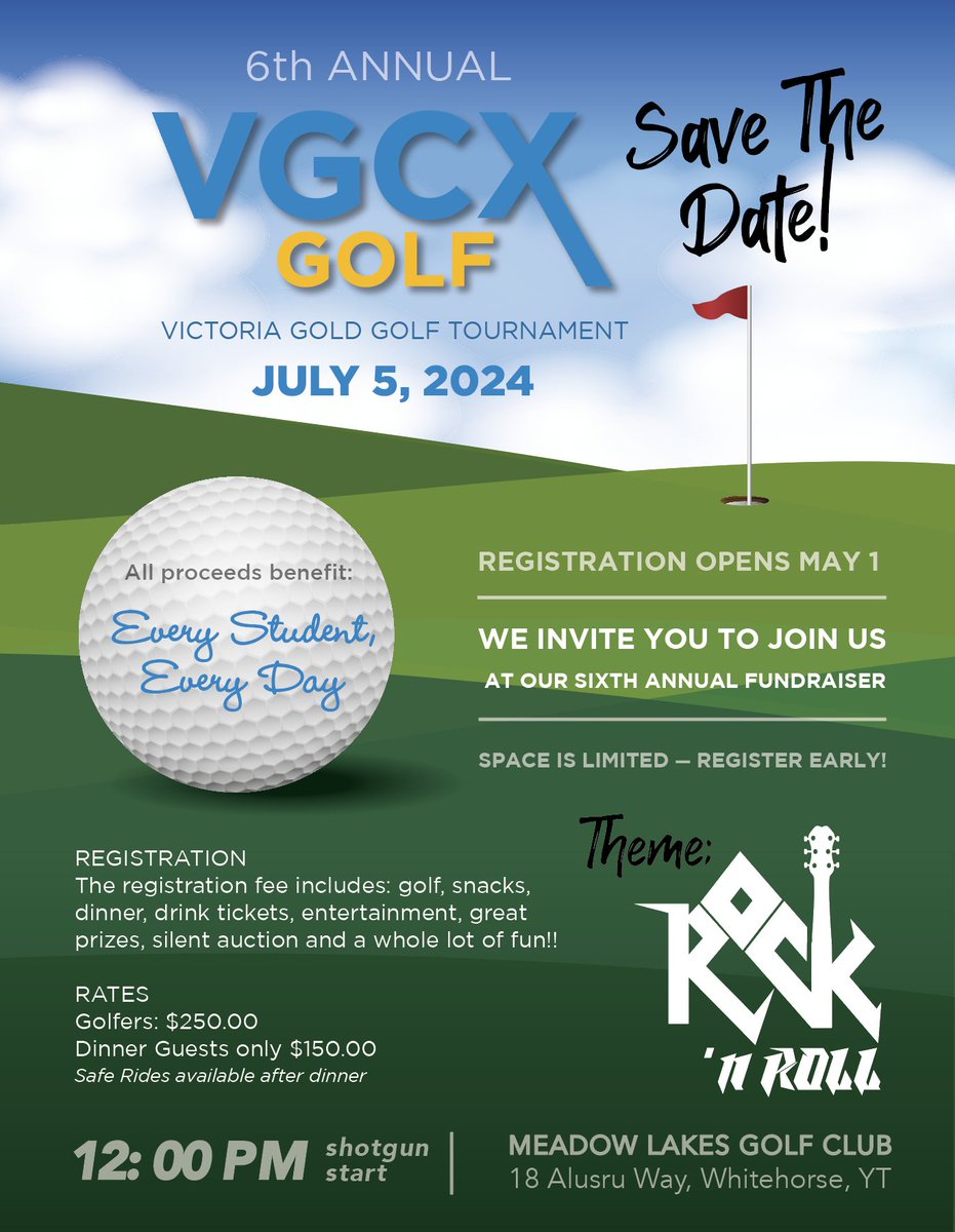 SAVE THE DATE! 📅 6th Annual @VictoriaGold Charity Golf Tournament, July 5, Whitehorse #Yukon! 🏌️‍♂️⛳️ #studentsmatter #studentsuccess #educationforall #fundraiser #schooleveryday THANK YOU GOLD SPONSORS 🙏 @BanyanGold @flyairnorth @finningcanada @OsiskoRoyalties @yukongov