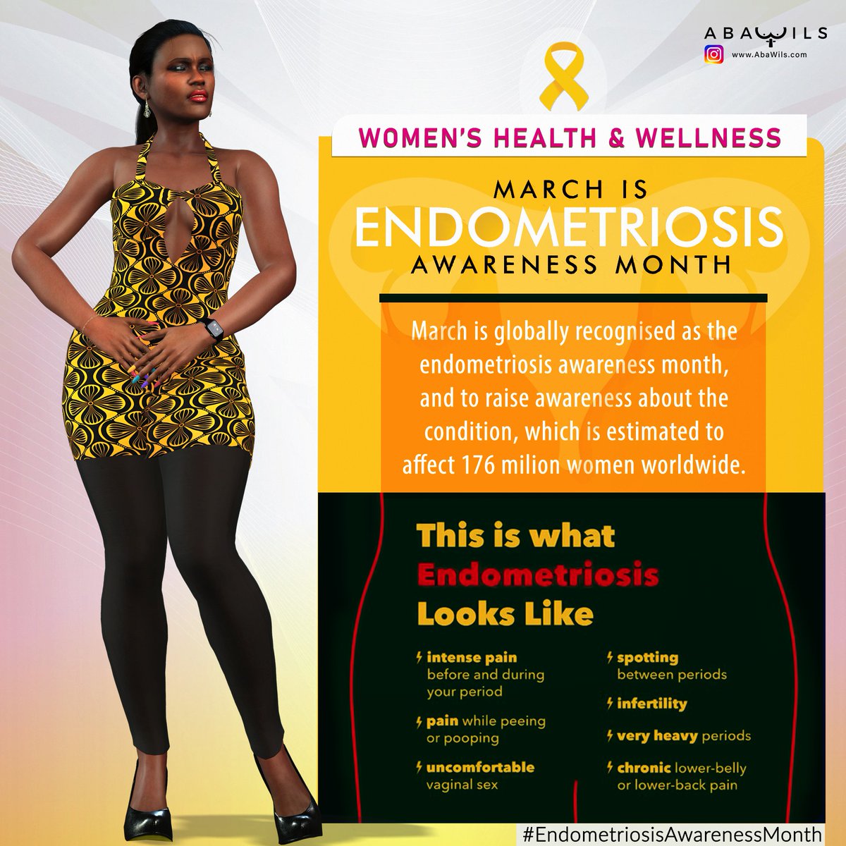 Millions suffer in silence from misunderstood #Endometriosis. It's NOT just cramps! From debilitating pain to emotional stress.
 While there's no cure, we can raise awareness & support those battling it.  
#Abawils #Abawilsen #EndometriosisAwareness #EndoSisters #YouAreNotAlone