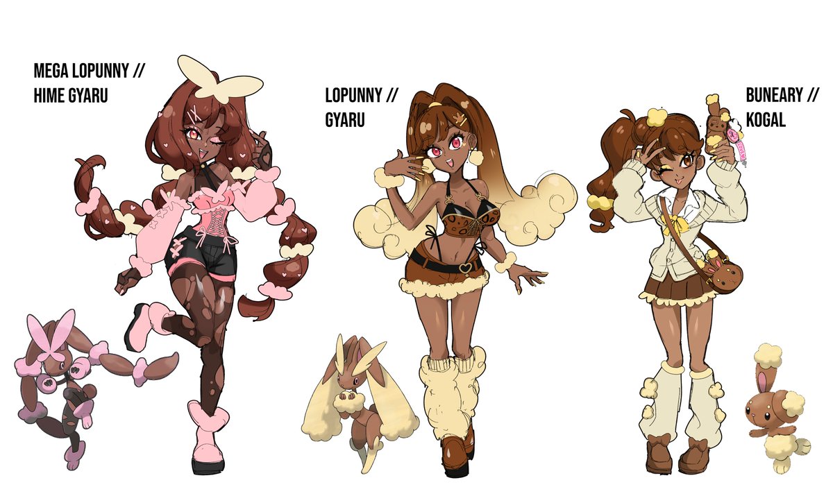 🐰OPEN ADOPT:  If you're interested in buying a design please DM me! 

L->R: Mega Lopunny_01, Lopunny_01, Buneary_01  

Coloured Sketch: $150  
Rendered: $220