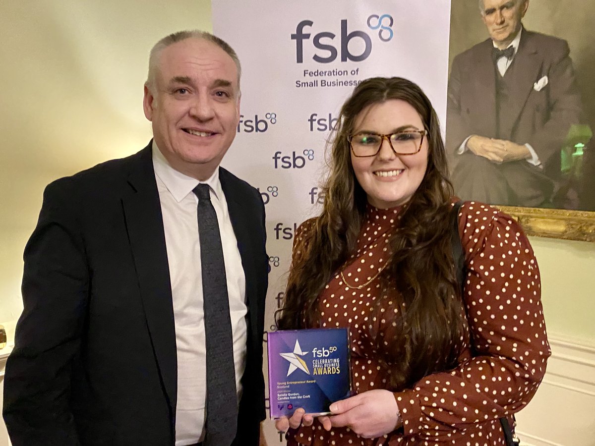 Privilege to watch @FSB_Scotland Young Entrepreneur of the Year 2024, Sandie Gordon of Candles from the Croft in Altass Sutherland receive her much-deserved trophy from Cab Sec @MairiMcAllan MSP at a reception in Edinburgh's Bute House last night @RichardLochhead #FSBawards