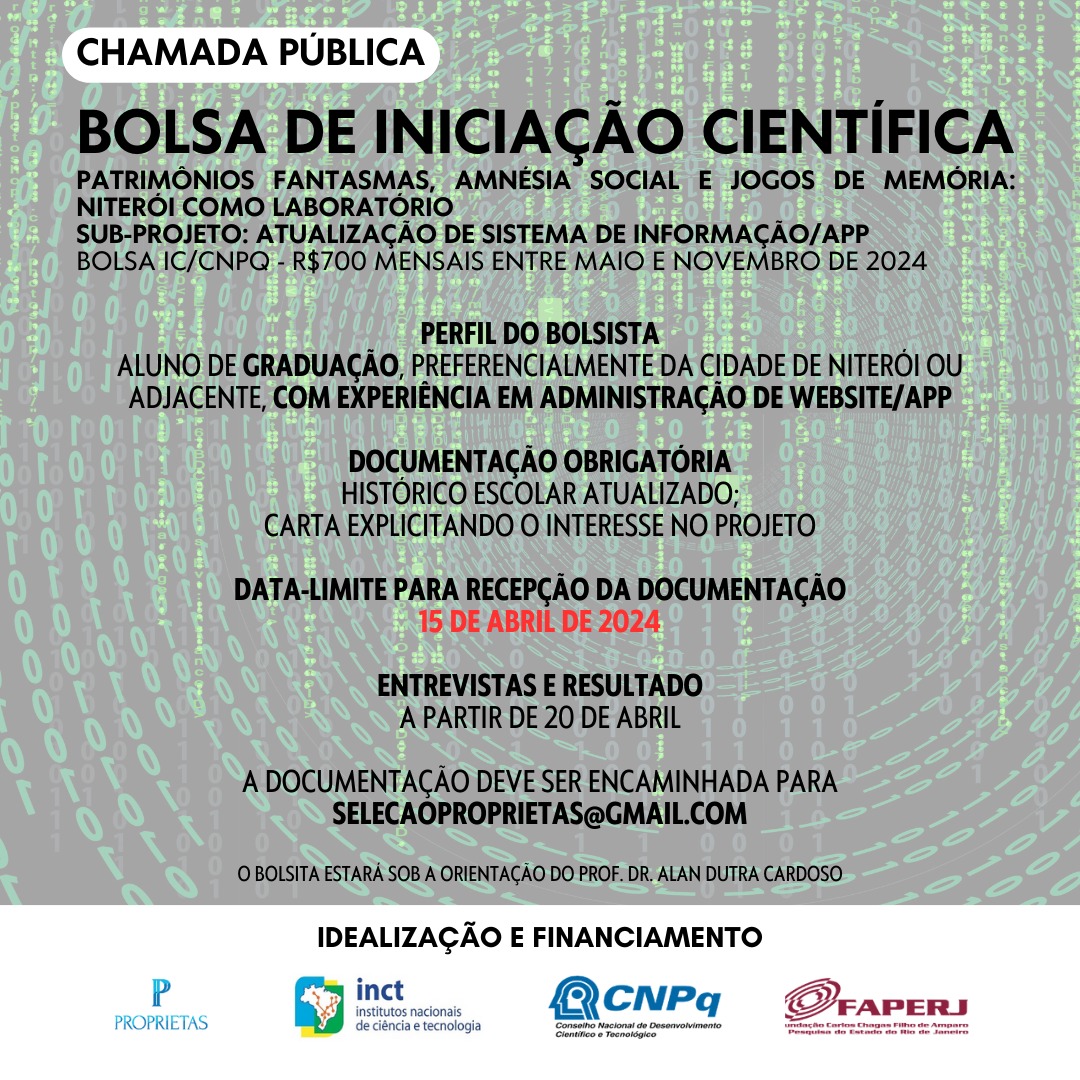 Está aberta a chamada para bolsistas de Iniciação Científica para o projeto: Patrimônios fantasmas, amnésia social e jogos de memória: Niterói como laboratório. Envie sua documentação até o dia 15 de abril!