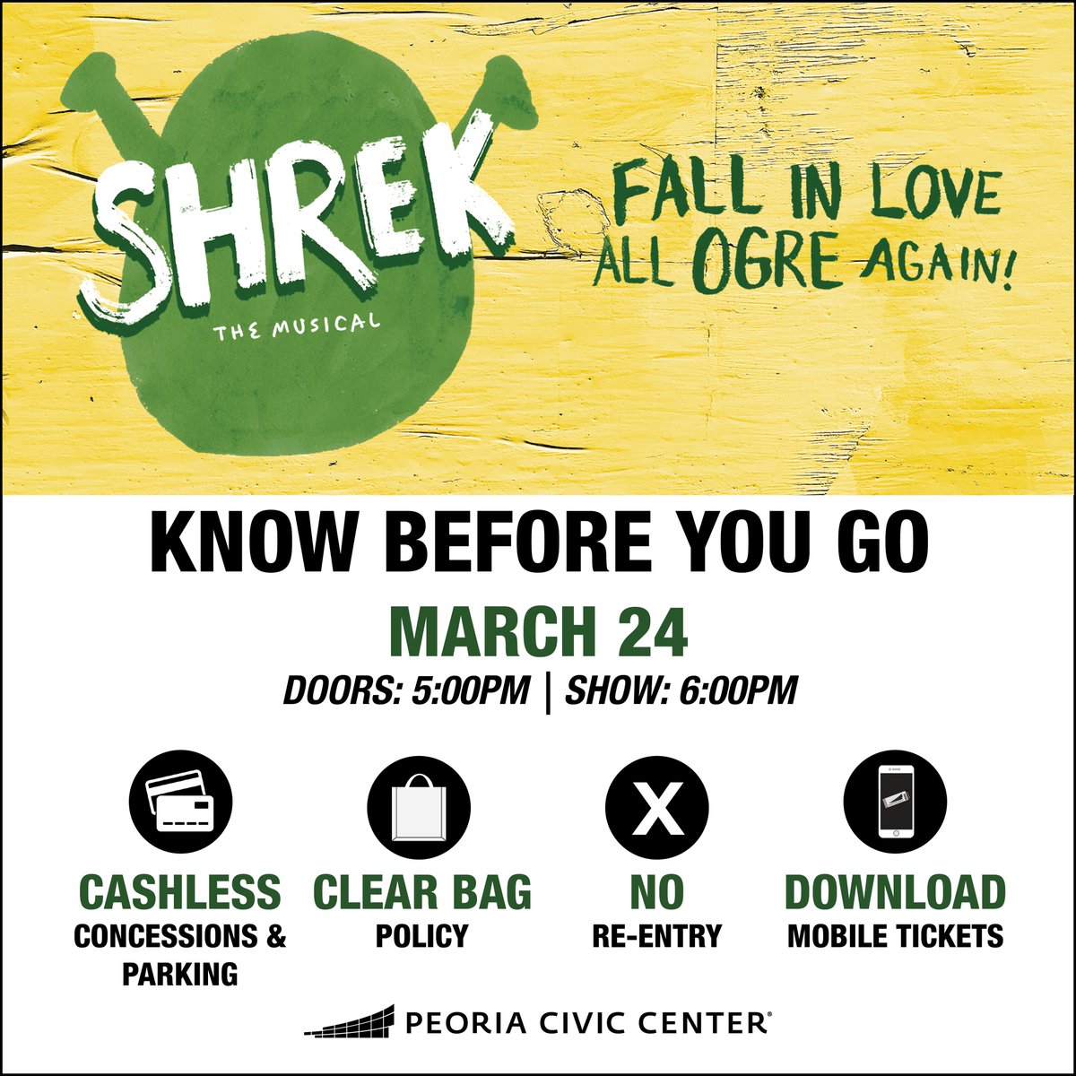 KNOW BEFORE YOU GO Bulls, Bands, & Barrels, Hasan Minhaj, and Shrek the Musical will all be at the Peoria Civic Center this weekend!! Here are some important reminders before you go to the show. More details at bit.ly/PCCKnowBeforeY…