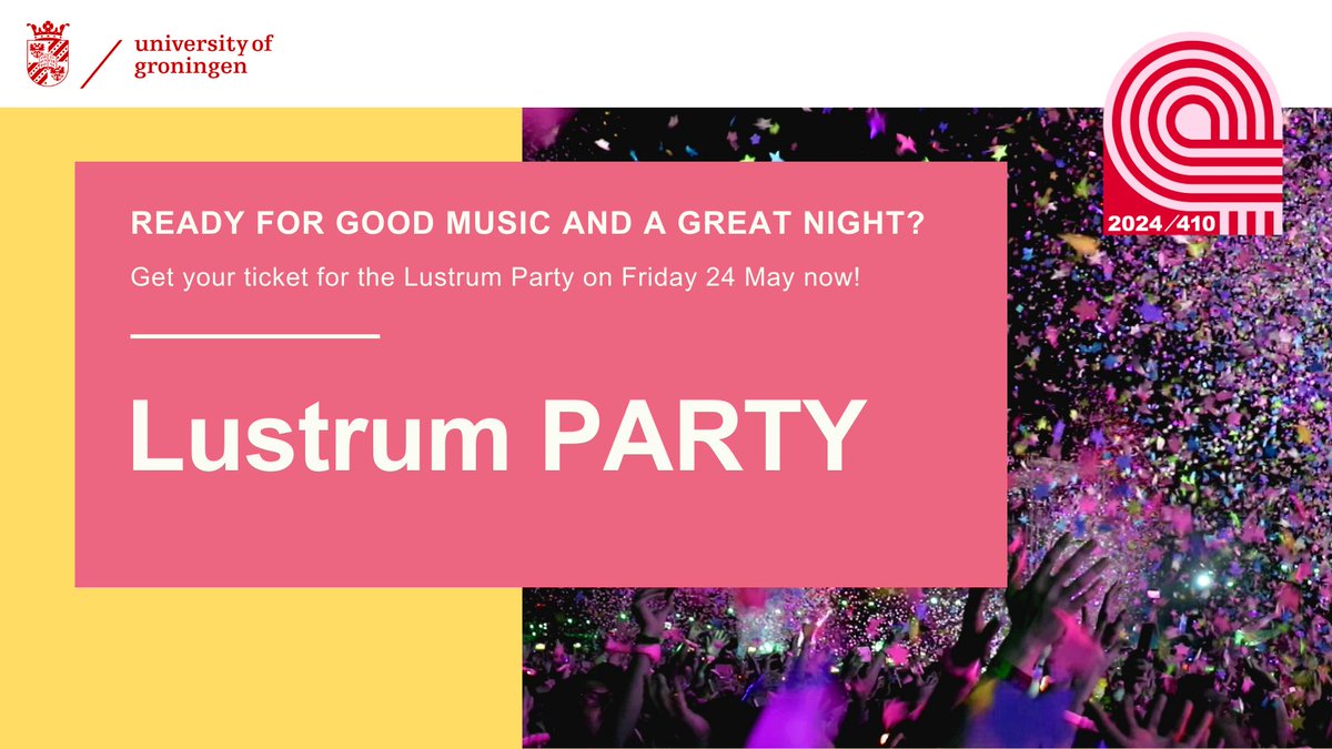 The lustrum celebrations are coming up! 🥳 We are really looking forward to the lustrum party on Friday, amongst other things. Will you join us for drinks, music and good vibes? 💃 Get your tickets now 🎟️ 👇 rug.nl/lustrum/progra…