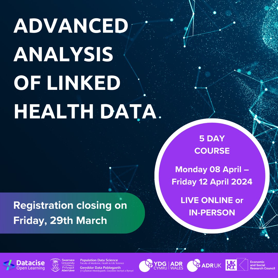 Register now for our Advanced Analysis of Linked Health Data Course! 👩‍💻 This course is relevant and applicable to any researchers who use administrative and social care data. 🗓️Monday 8 April - Friday 12 April 2024. Find out more ➡️ swansea.ac.uk/medicine/cpd/p… @HSCDDITalent