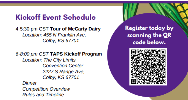 Inaugural #KSUTAPS Kickoff is a week away in Colby, KS! If you are a competitor, partner, or just interested in learning more, register by Friday at k-state.edu/taps/events/ki…