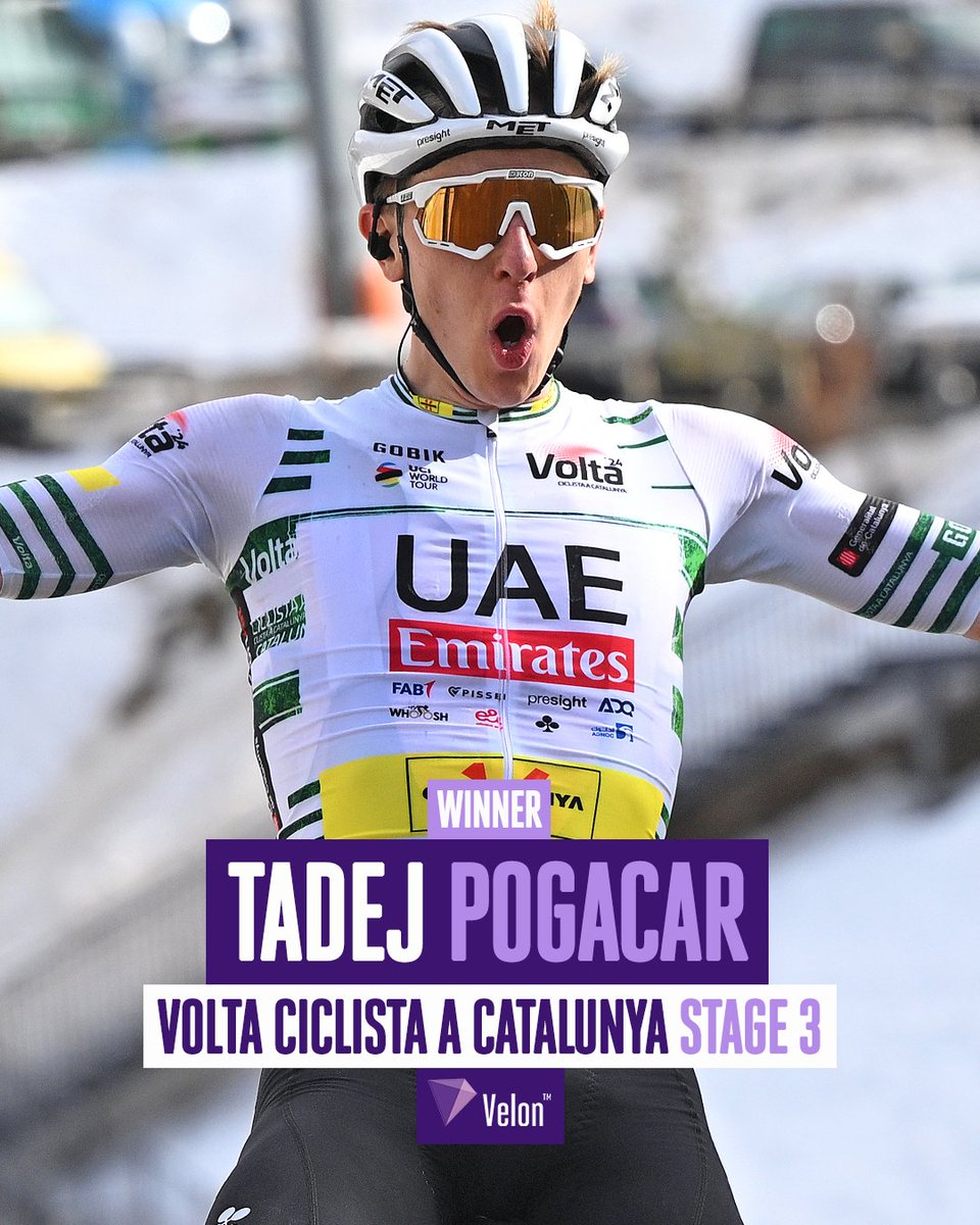 Back-to-back stage wins 🔥

Tadej Pogačar continues his Volta Ciclista a Catalunya domination with his second summit finish victory on Stage 3 🙌

𝗦𝘁𝗮𝗴𝗲 𝟯 𝗿𝗲𝘀𝘂𝗹𝘁
1. Tadej Pogačar
2. Mikel Landa, +0:48 
3. Antonio Tiberi, +1:03

📸 Getty Images