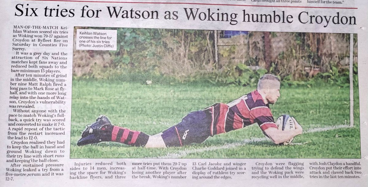 WokingRfc's tweet photo. Last weeks coverage in Woking News &amp; Mail. With 3 league fixtures remaining training continues tonight at Byfleet Rec as we prepare for our final away fixture at Egham Hollowegians RFC this weekend.
#WeAreWokingRugby #Training #HardWork #Grady12 https://t.co/dp9p6UQCXM