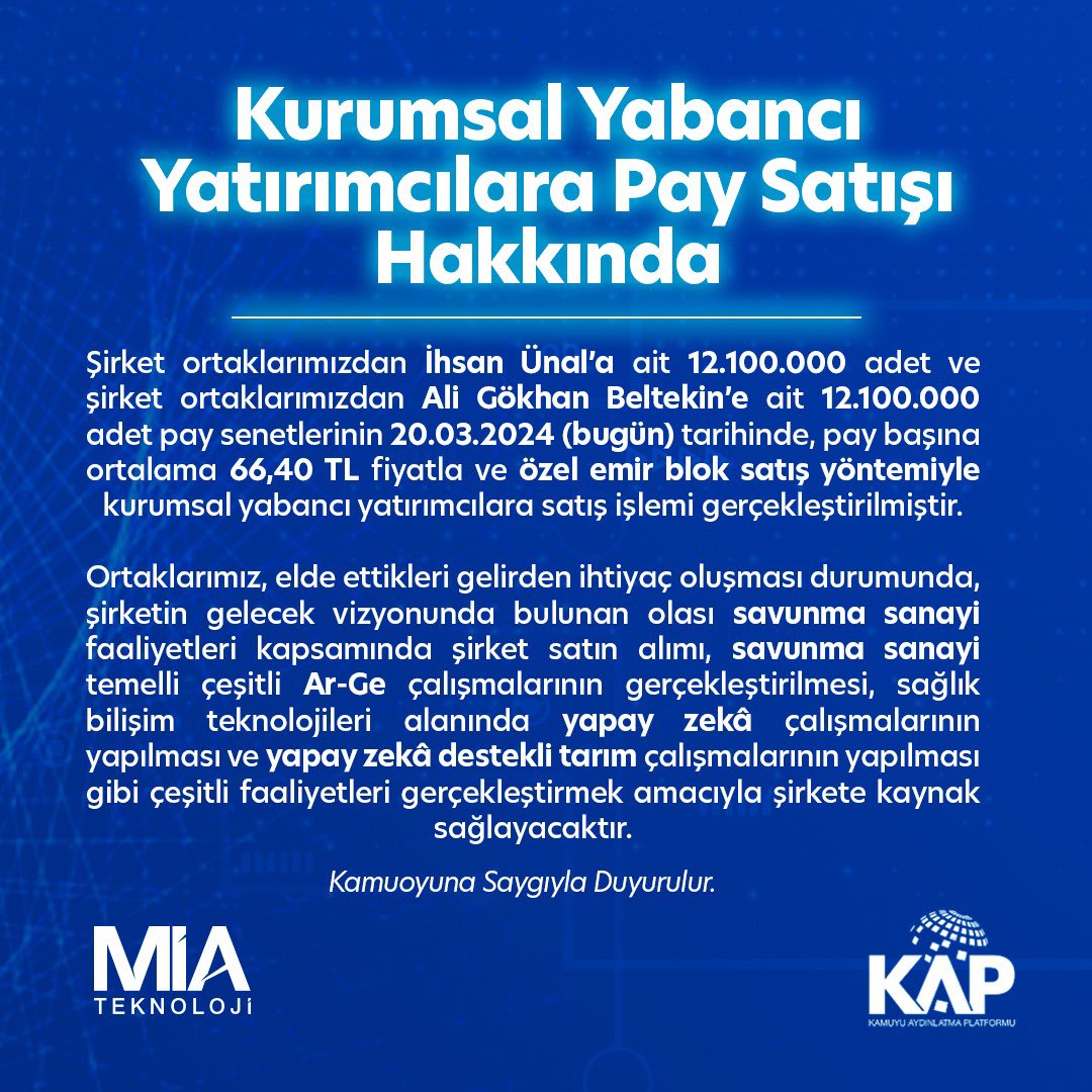 Kurumsal Yabancı Yatırımcılara Pay Satışı Hakkında kap.org.tr/tr/Bildirim/12…