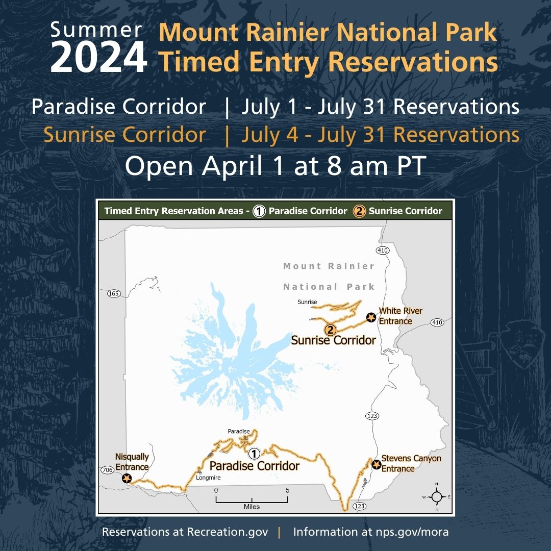 Planning to visit @MountRainierNPS? Timed entry reservations for the Paradise & Sunrise Corridors in July open tomorrow April 1 at 8 am PT. Get ready! Check out Recreation.gov webpage/mobile app & create your account. More info: go.nps.gov/MORATimedEntry