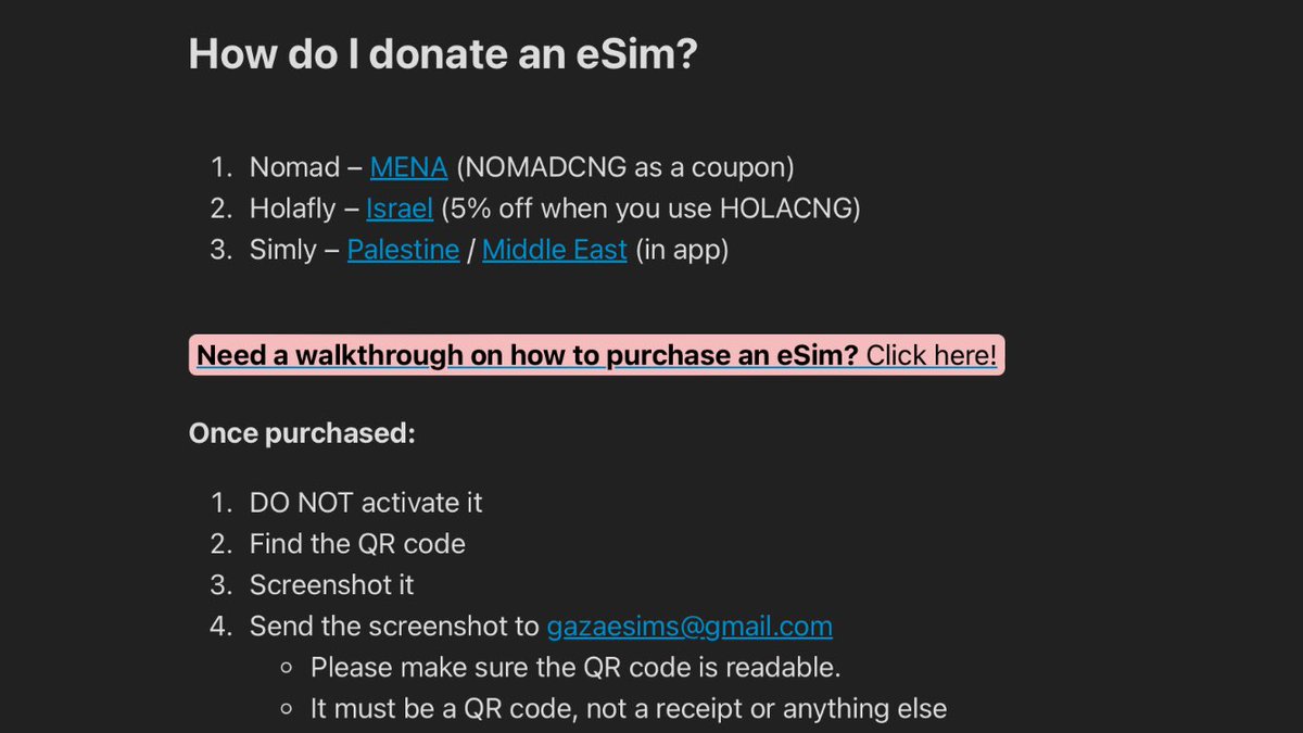 One of the most direct ways to help those in Gaza is to donate an esim. It helps them stay connected to each other and the world, at a time when the whole world seems to want to cut them off entirely. Many thanks to @Mirna_elhelbawi for setting up gazaesims.com!