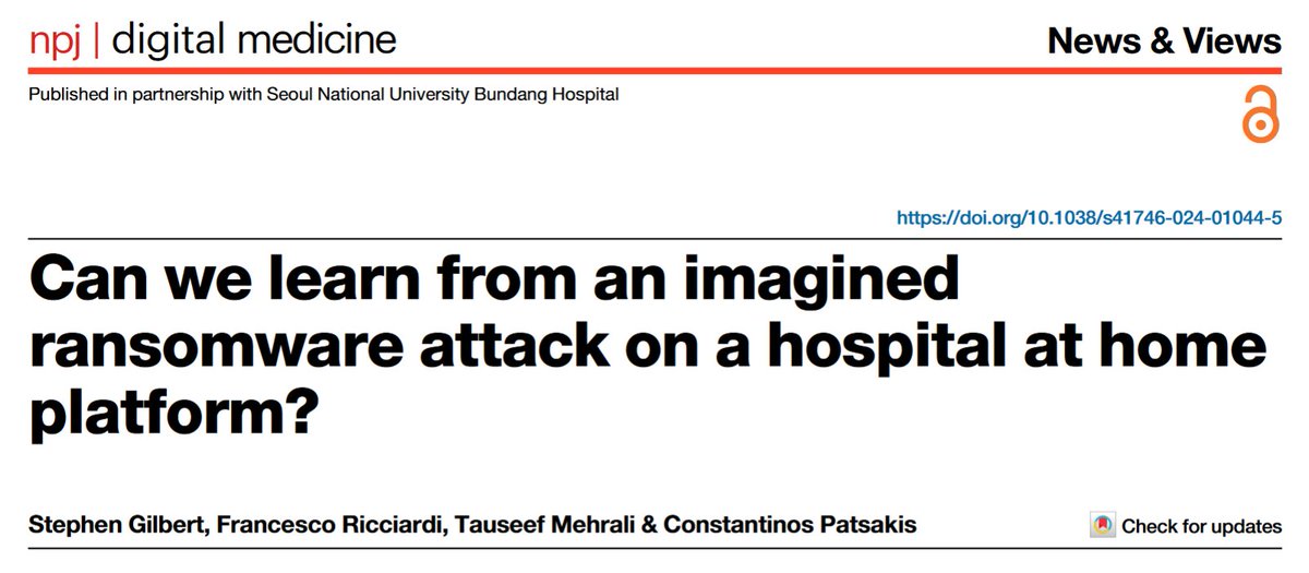 "Can we learn from an imagined ransomware attack on a hospital at home platform?" is the title of our article just issued on "NPJ - Digital Medicine".

Link to publication: nature.com/articles/s4174…