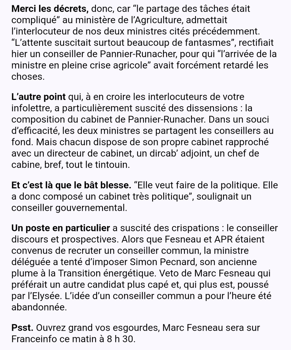 Deux ministres pour un fauteuil : à l'agriculture, Marc Fesneau et Agnès Pannier Runacher doivent apprendre à travailler ensemble (et à cohabiter). Dans #Playbook ce matin (et pour s'abonner gratuitement, c'est toujours par ici politico.eu/newsletter/pla…)