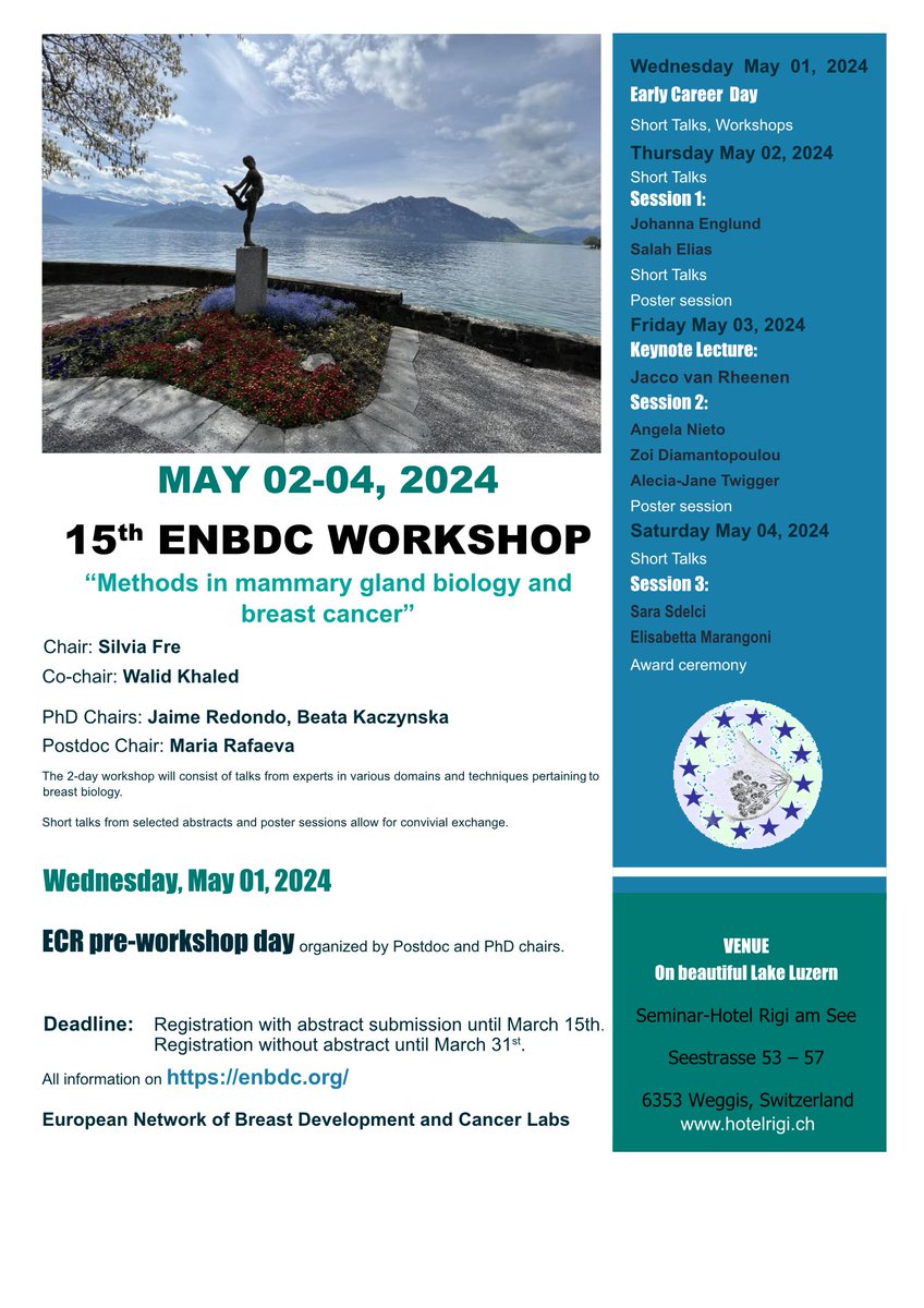 📢Don't miss your chance to take part in a superb meeting on #mammarygland biology and #breastcancer, the @enbdc workshop in picturesque Weggis 🇨🇭. Deadline for abstract submission is prolonged until 24 March. ➡️More details enbdc.org/workshop/