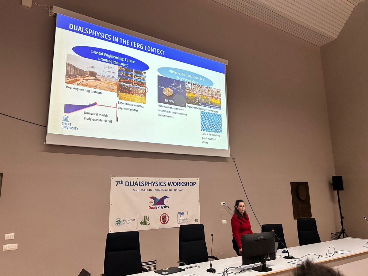 DualSPHysics's tweet photo. Third talk during #7DSW is giving by Dr Annelie Baines from @ugent about "Numerical modelling of novel offshore and nearshore structures using DualSPHysics"
#WECs #overtoping https://t.co/pTRHG5BqCO