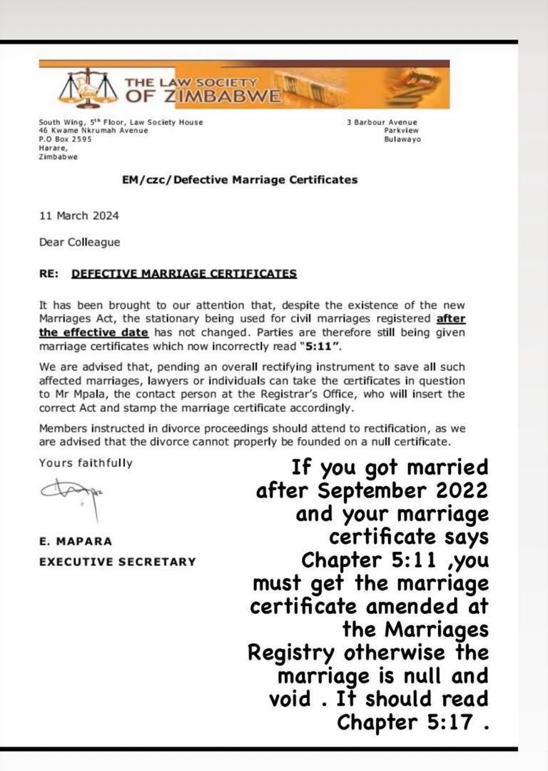 I received several WhatsApp messages regarding this today. Unfortunately as it reads indeed if you wedded after September 2022 and yet your marriage certificate is written Chapter 5:11, it needs to be rectified to read Chapter 5:17. @JSCZim @lawsocietyofzim @NewsHawksLive