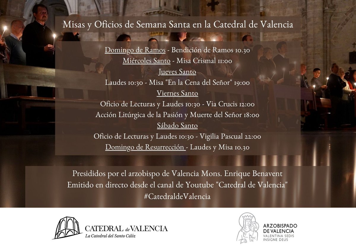 MCatedralVLC's tweet photo. ✝ Os esperamos en la Catedral de Valencia para vivir con fervor la Pasión, Muerte y Resurrección del Señor en esta Semana Santa. https://t.co/fDhHvoesBS